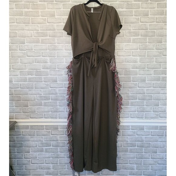 Boutique Tassel Fringe Wide Leg Jumpsuit Open Front Tie Close NWOT Plux 3X Boho - Picture 1 of 9